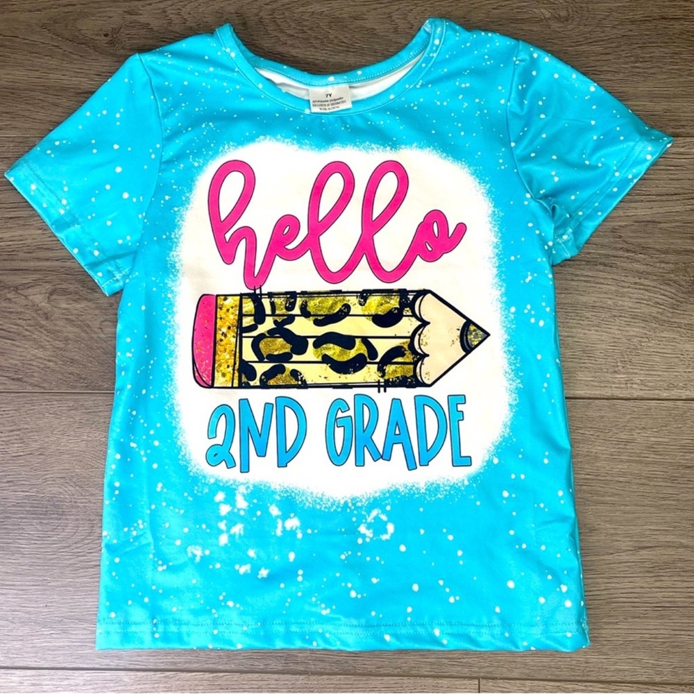 NEW! "Hello 2nd Grade" Back To School Blue Kid Tee T-Shirt, size 7Y